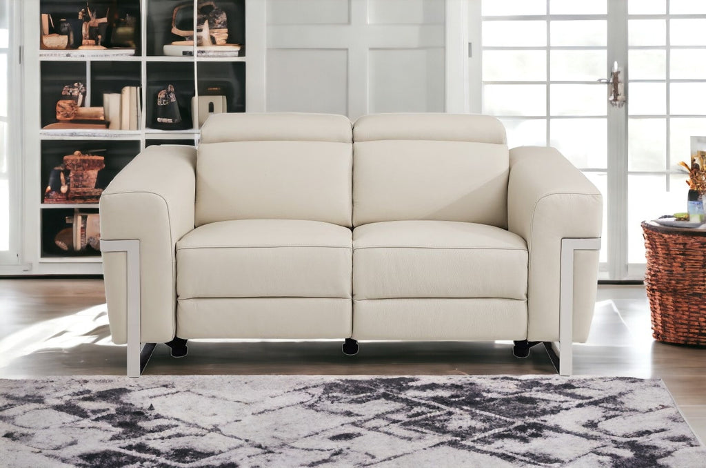 65" Beige And Silver Italian Leather Power Reclining Loveseat