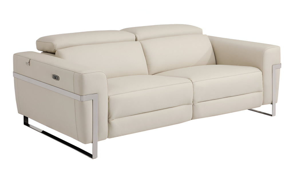 83" Beige Italian Leather USB Reclining Sofa With Silver Legs