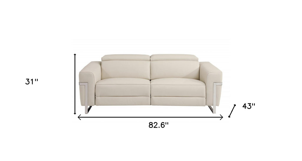 83" Beige Italian Leather USB Reclining Sofa With Silver Legs