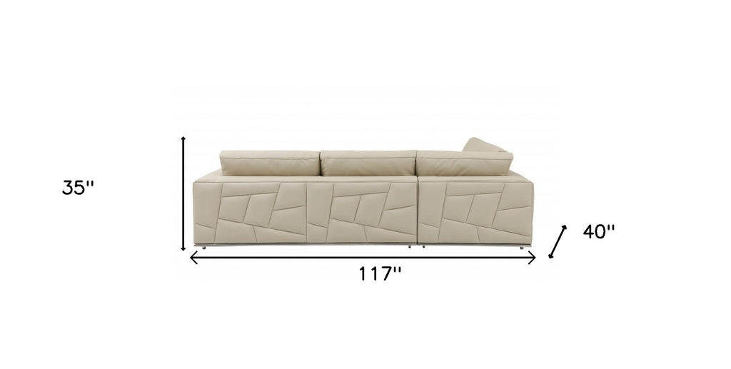 Beige Italian Leather Reclining L Shaped Two Piece Corner Sectional