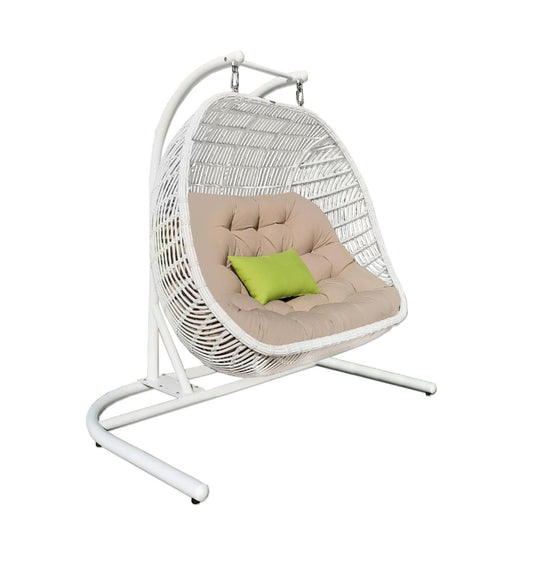 LuxxHomes  69" Beige and White Metal Indoor Outdoor Swing Chair with Beige Cushion