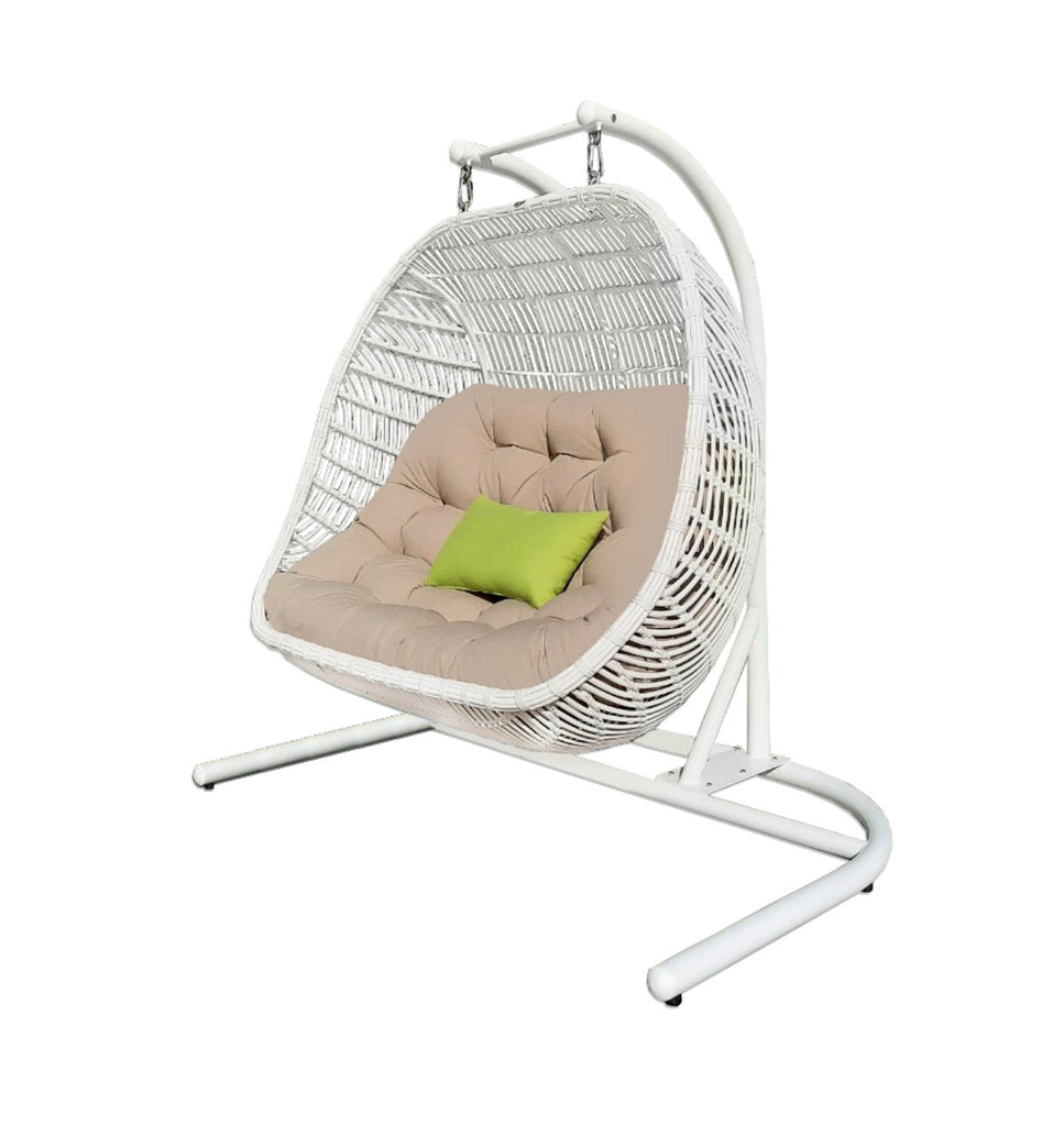 LuxxHomes  69" Beige and White Metal Indoor Outdoor Swing Chair with Beige Cushion