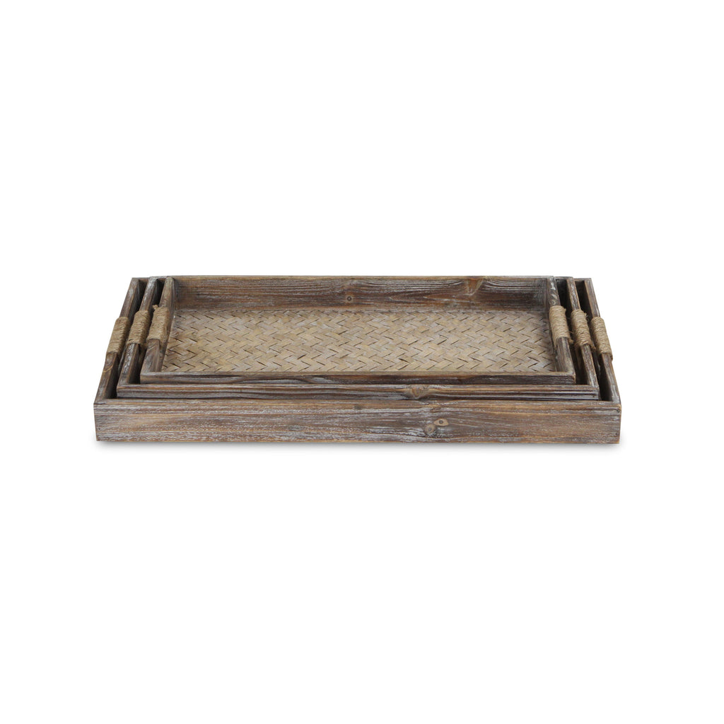 Set of Three Brown Rectangular Wood Handmade Serving Tray With Handles