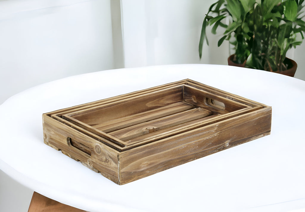 19" Brown Rectangular Wood Handmade Tray With Handles