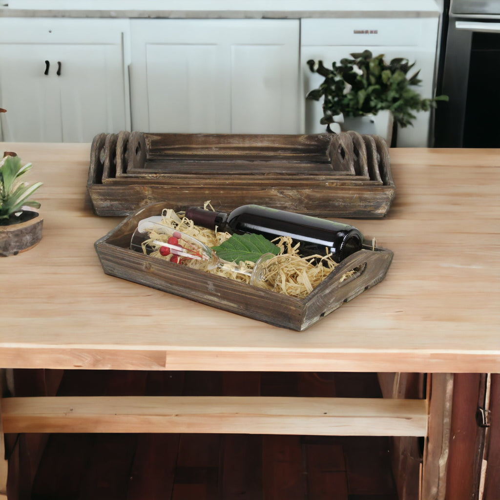 Set Of 5 Rustic Natural Brown Wood Handmade Trays With Handles