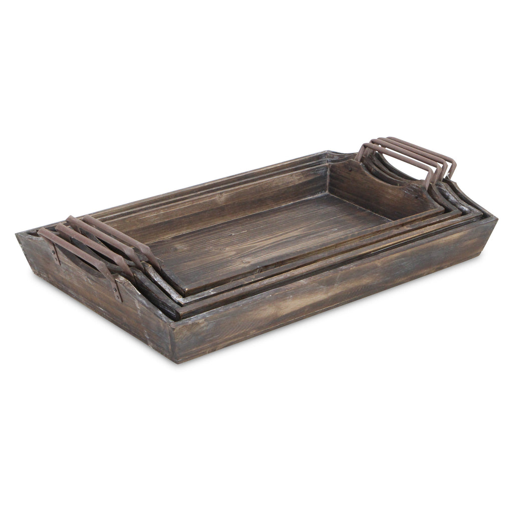 Set of Four Brown Wood Handmade Serving Tray With Handles