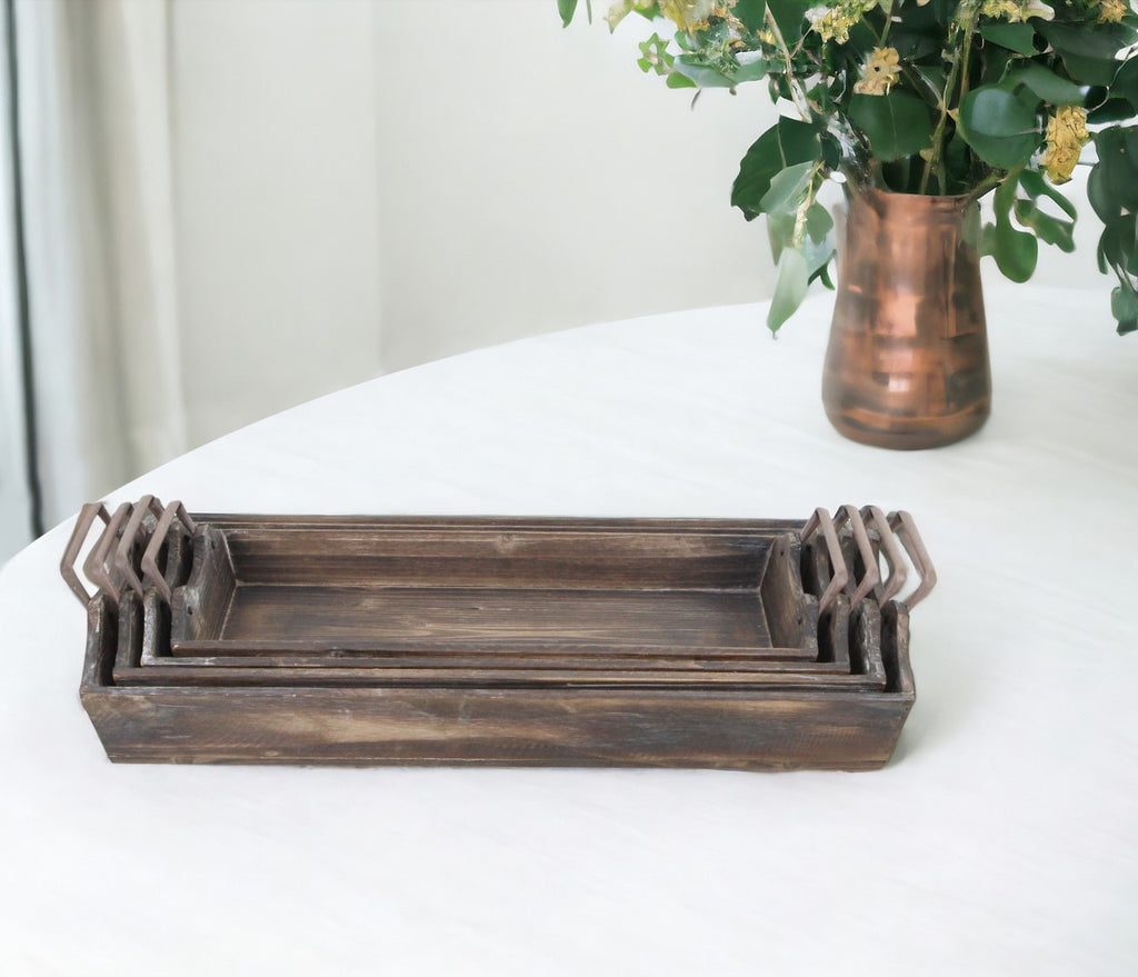 Set of Four Brown Wood Handmade Serving Tray With Handles