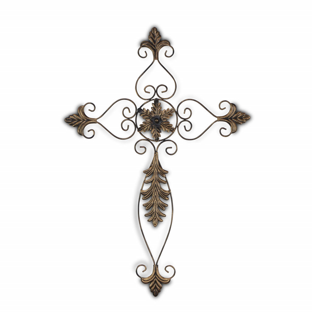 Rustic Burnished Golden Brown Metal Scroll Hanging Wall Cross