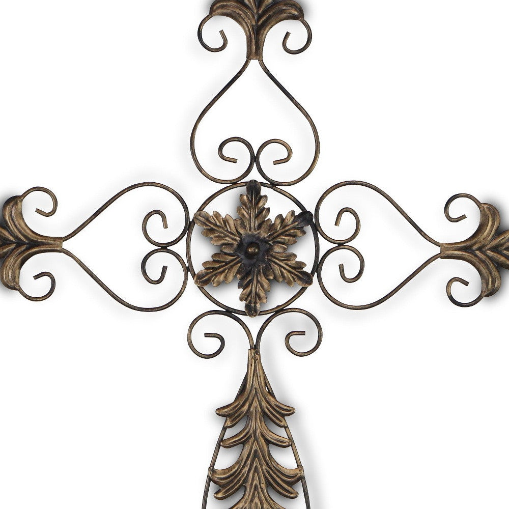 Rustic Burnished Golden Brown Metal Scroll Hanging Wall Cross