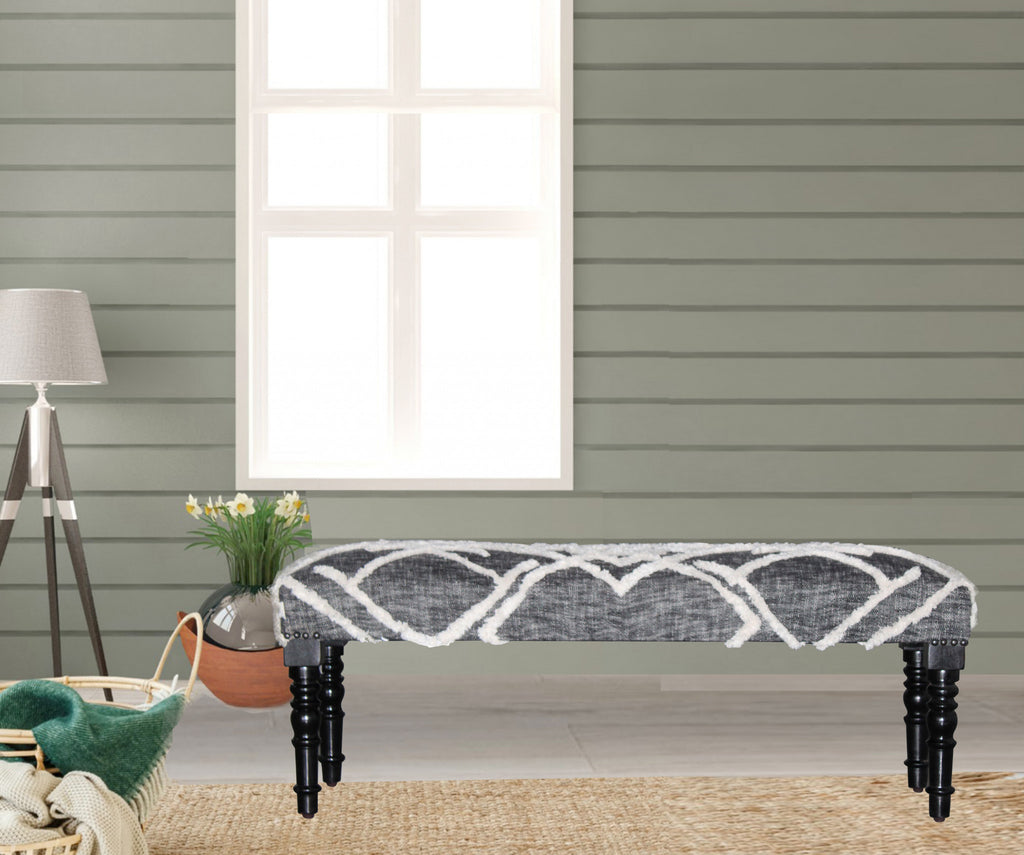 47" Gray And White Geometric Cotton Upholstered Distressed Bench