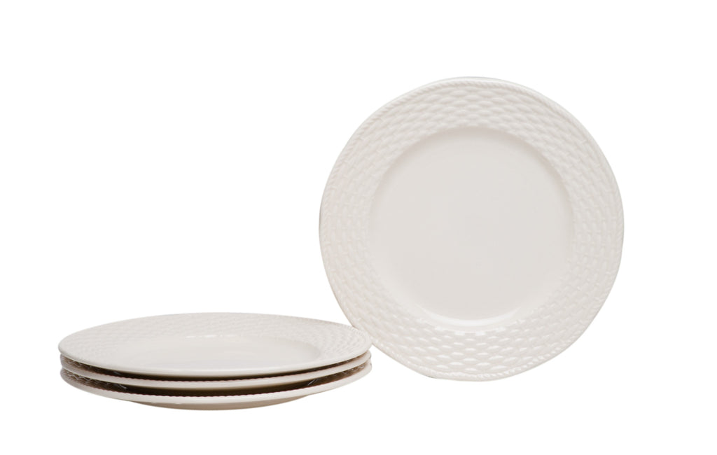 LuxxHomes  White Four Piece Round Weave Stoneware Service For Four Salad Plate Set