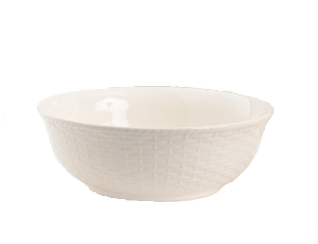 LuxxHomes  White Four Piece Round Weave Stoneware Service For Four Bowl Set