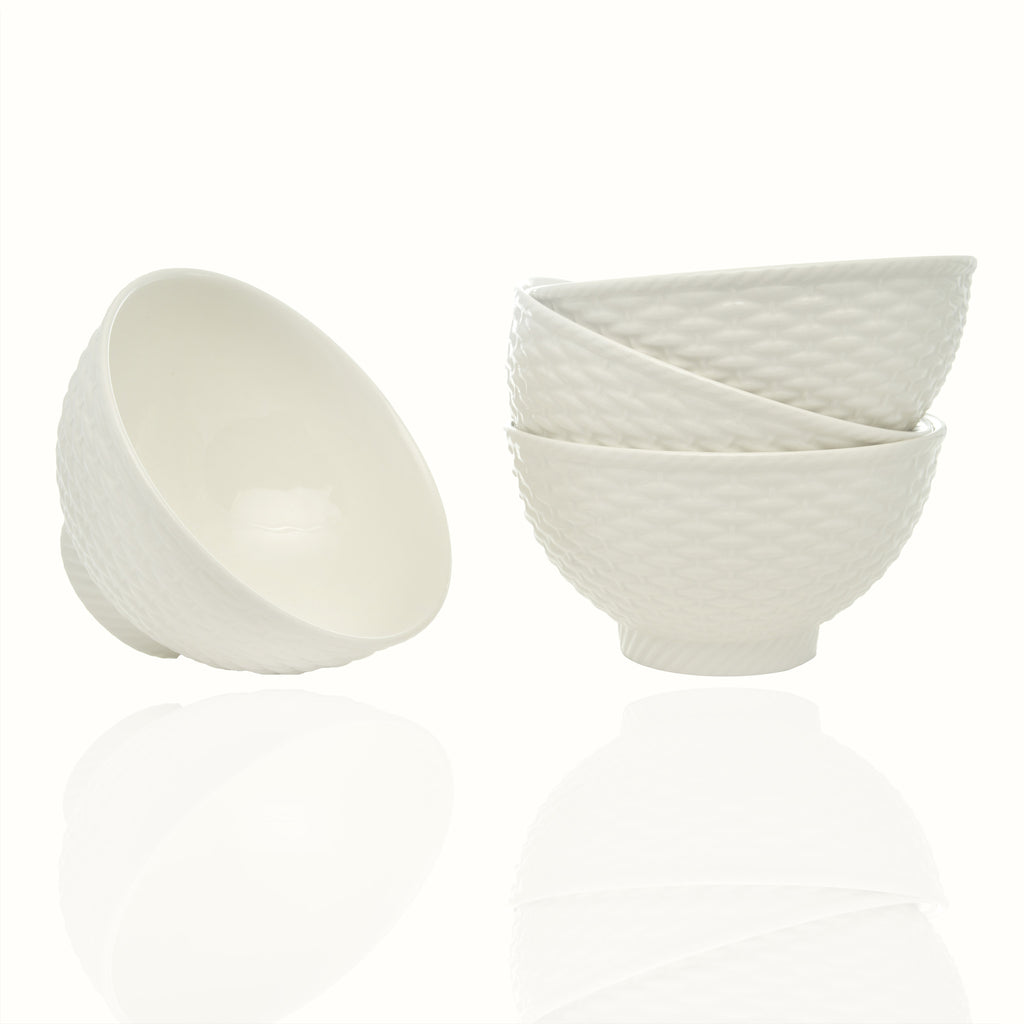 LuxxHomes  White Four Piece Weave Stoneware Service For Four Bowl Set