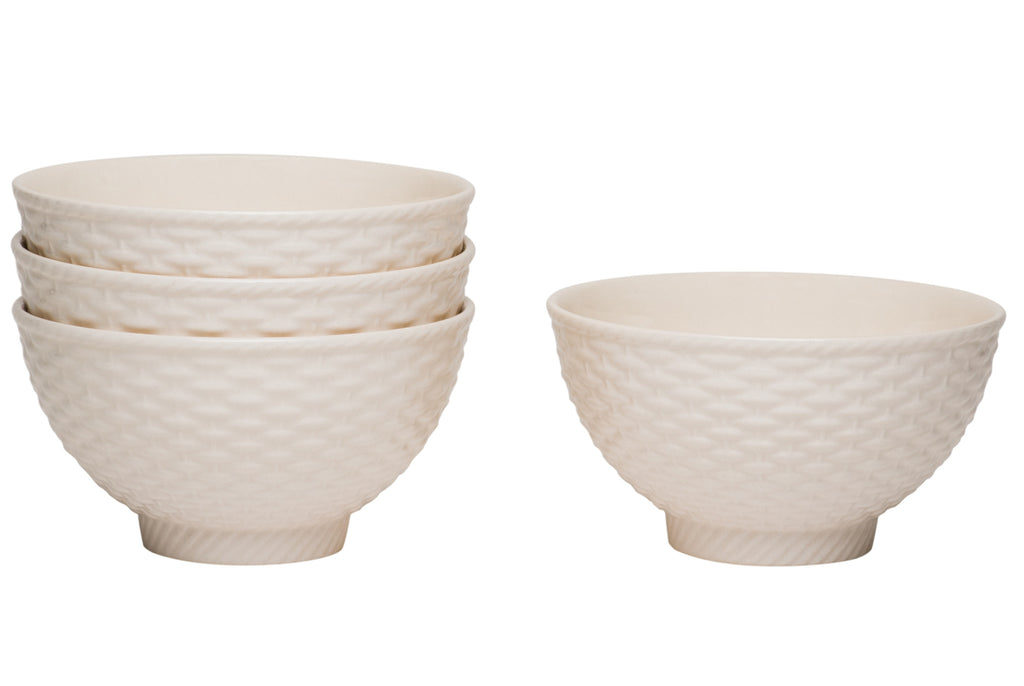 LuxxHomes  White Four Piece Weave Stoneware Service For Four Bowl Set