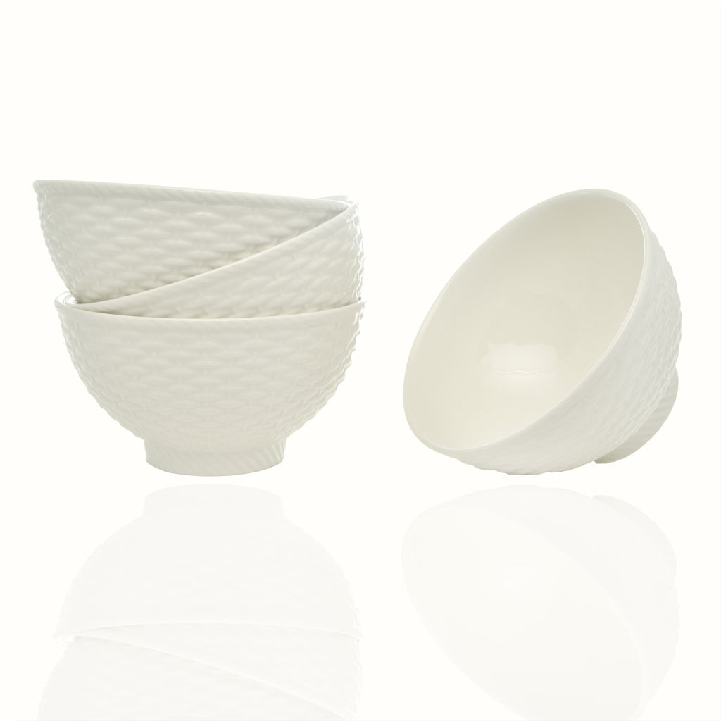 LuxxHomes  White Four Piece Weave Stoneware Service For Four Bowl Set