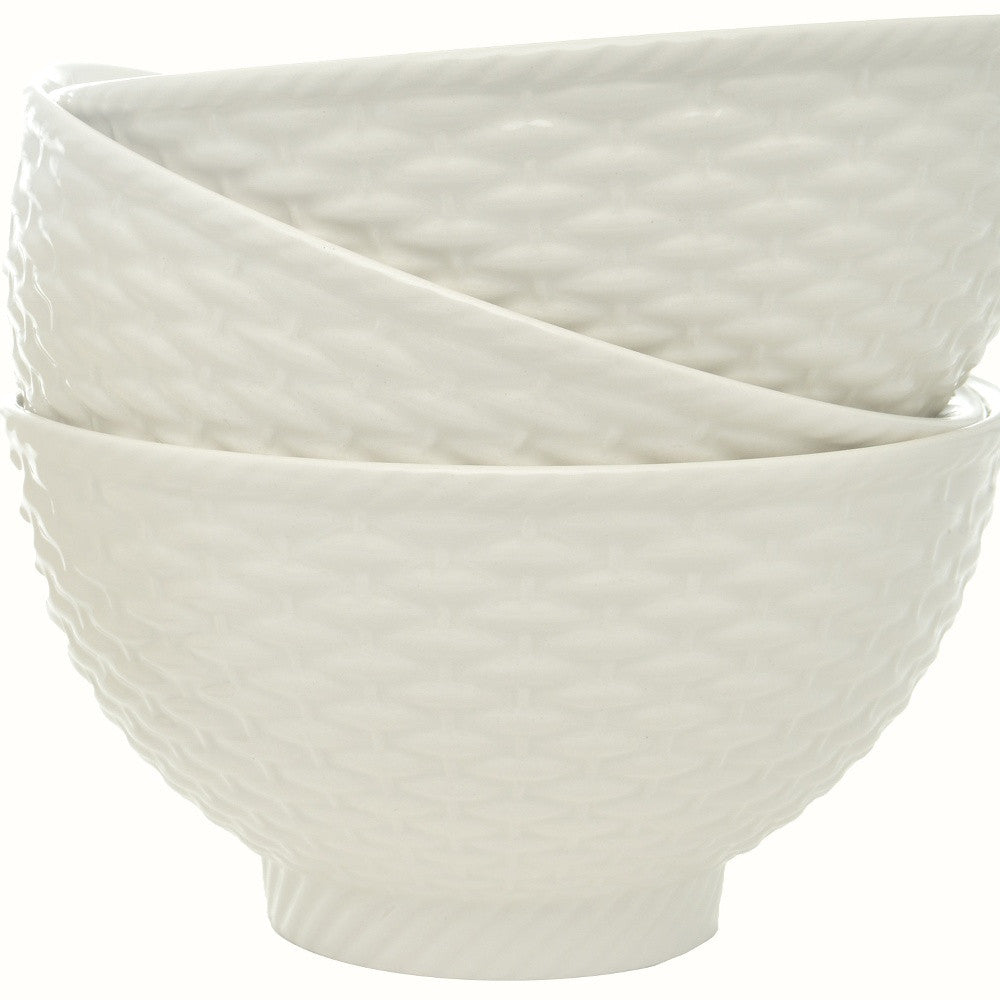 LuxxHomes  White Four Piece Weave Stoneware Service For Four Bowl Set