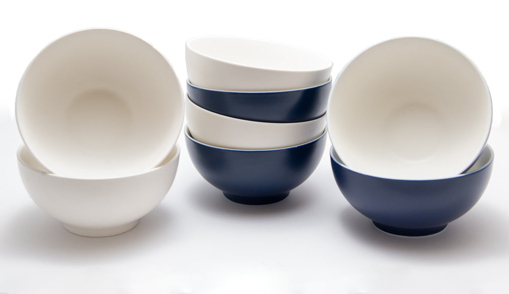 LuxxHomes  Blue and White Four Piece Porcelain Service For Four Bowl Set