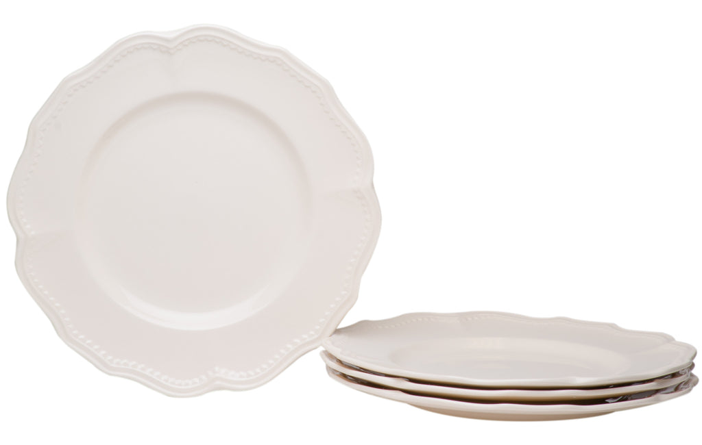 LuxxHomes  White Four Piece Scallop Stoneware Service For Four Dinner Plate Set