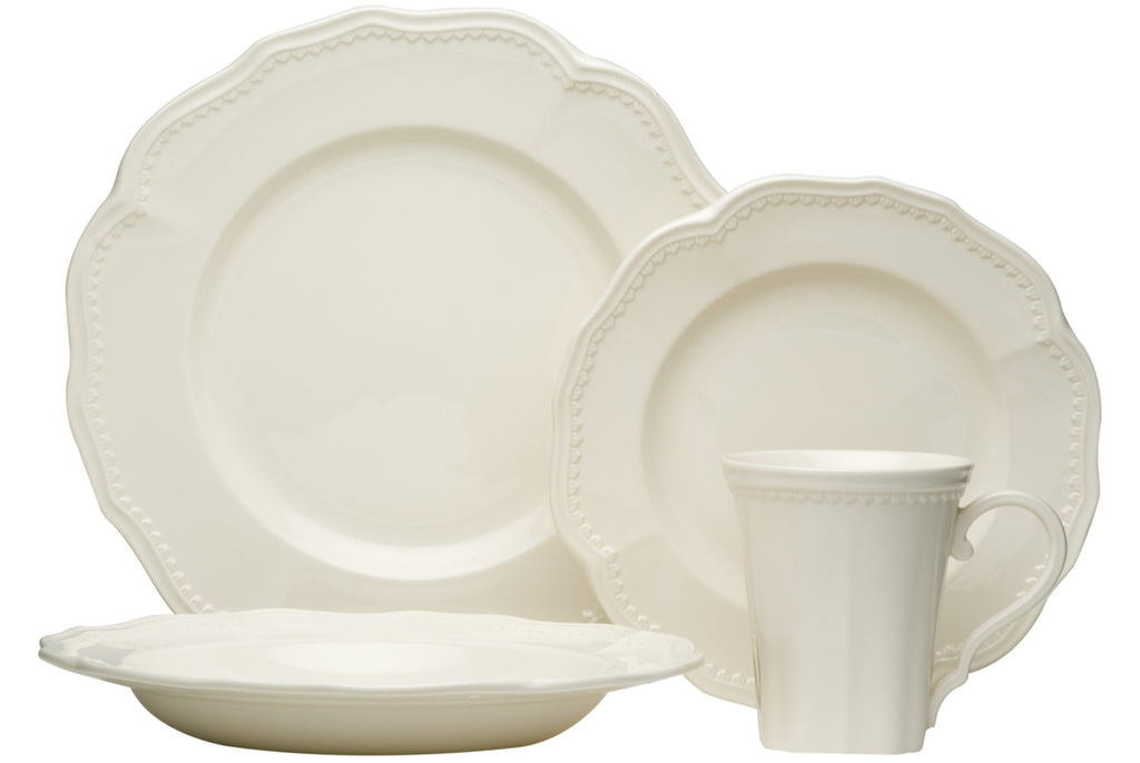 LuxxHomes  White Four Piece Scallop Stoneware Service For Four Dinner Plate Set