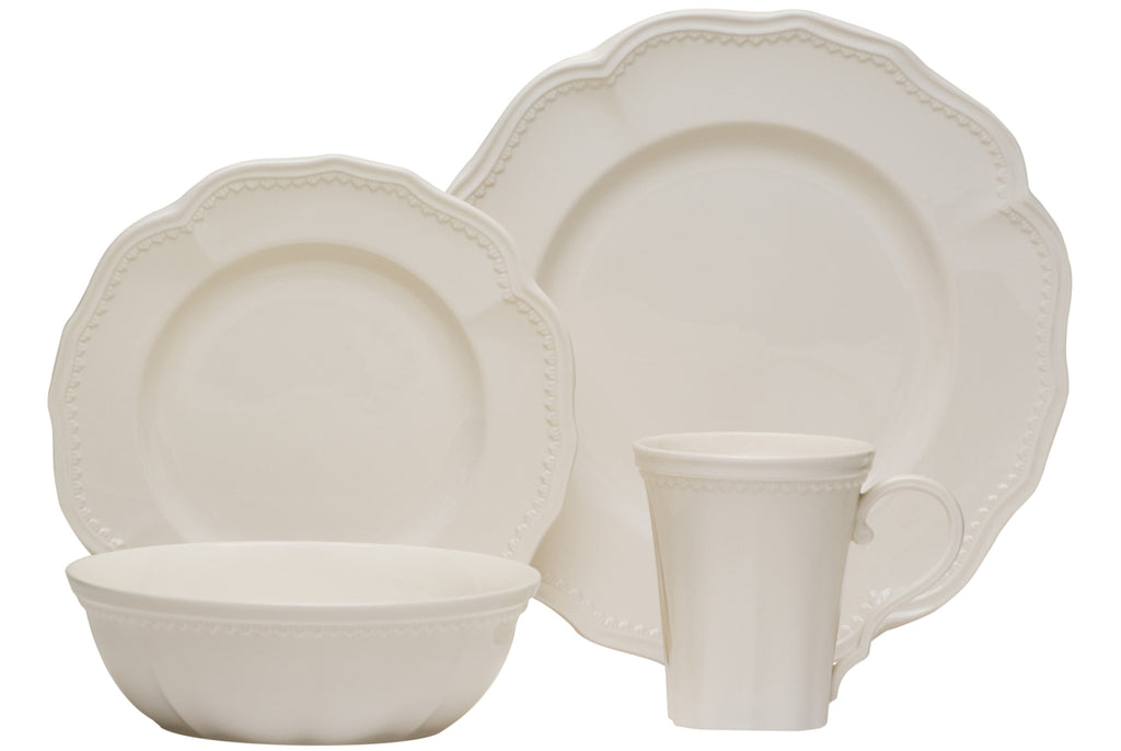 LuxxHomes  White Four Piece Scallop Stoneware Service For Four Dinner Plate Set