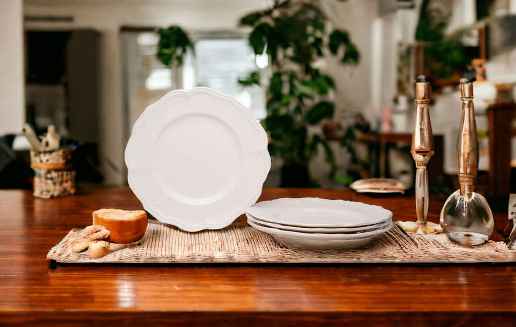 LuxxHomes  White Four Piece Scallop Stoneware Service For Four Dinner Plate Set