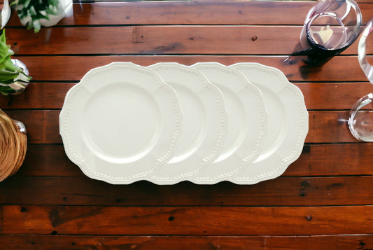 LuxxHomes  White Four Piece Round Scallop Stoneware Service For Four Salad Plate Set