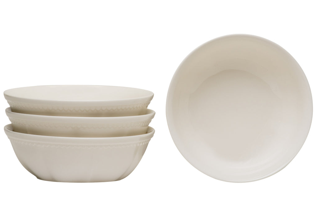 LuxxHomes  White Four Piece Round Scallop Stoneware Service For Four Bowl Set