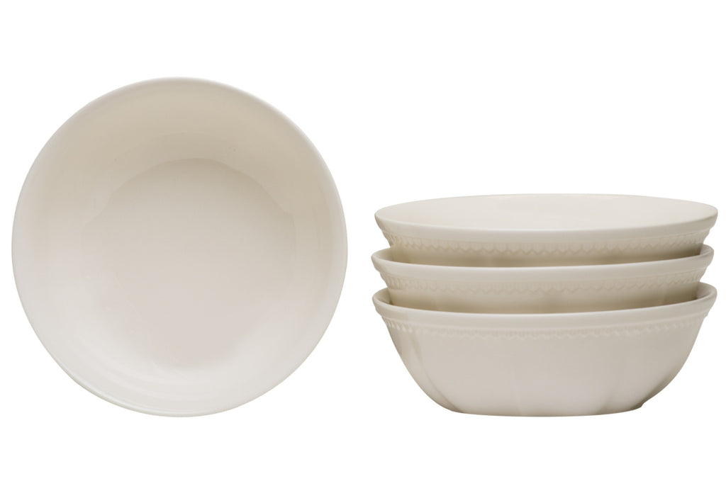 LuxxHomes  White Four Piece Round Scallop Stoneware Service For Four Bowl Set