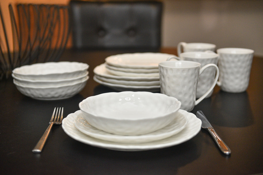 LuxxHomes  White Six Piece Round Pebbled Porcelain Service For Six Salad Plate Set