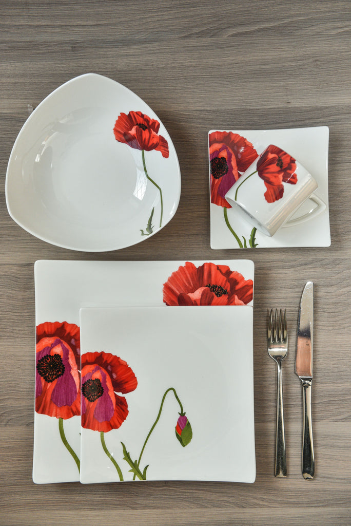 LuxxHomes  Red and White Six Piece Square Floral Bone China Service For Six Dinner Plate Set