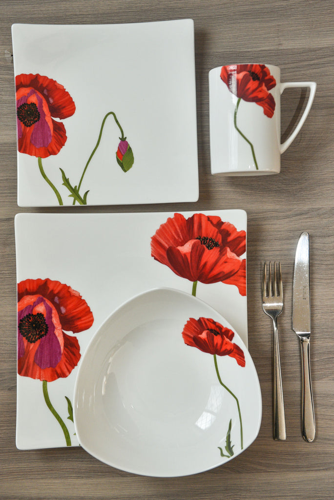 LuxxHomes  Red and White Six Piece Square Floral Bone China Service For Six Salad Plate Set