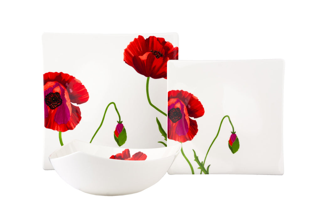 LuxxHomes  Red and White Six Piece Square Floral Bone China Service For Six Salad Plate Set