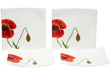 LuxxHomes  Red and White Six Piece Square Floral Bone China Service For Six Salad Plate Set