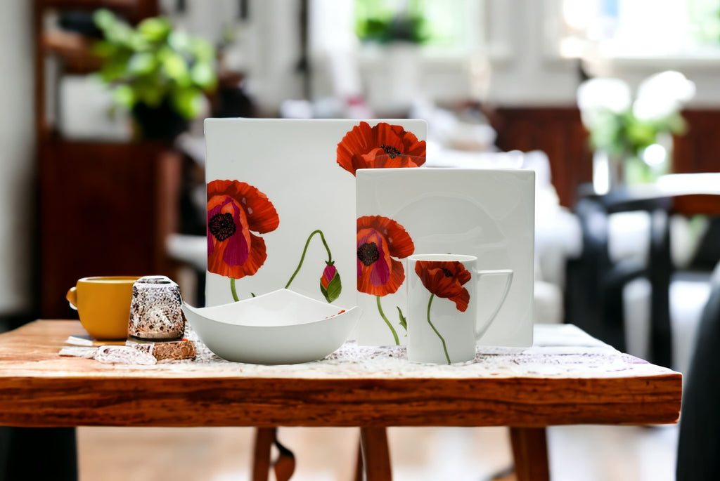 LuxxHomes  Red and White Four Piece Square Floral Bone China Dinnerware Set