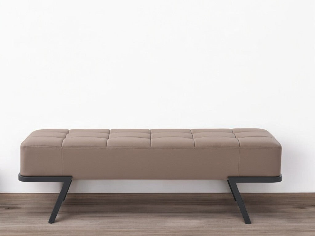 57" Taupe and Black Upholstered Faux Leather Bench