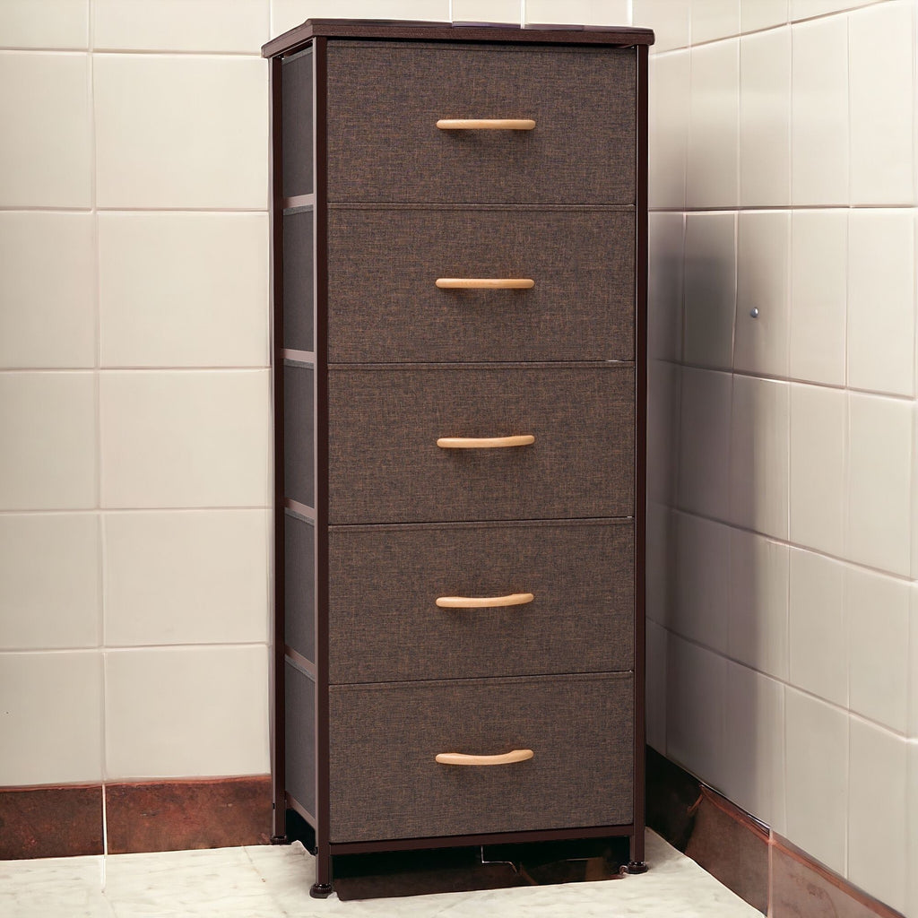 18" Brown Steel and Fabric Five Drawer Chest