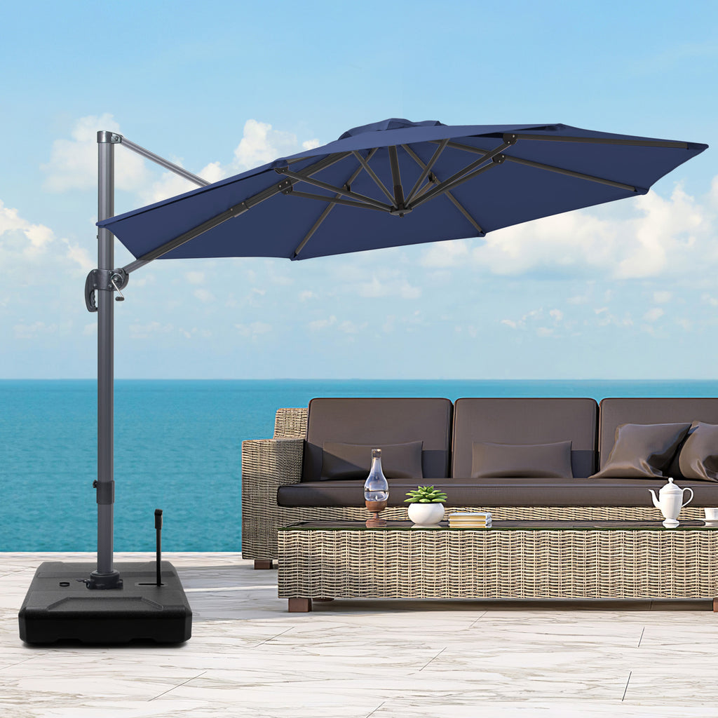 LuxxHomes  10' Navy Blue Polyester Round Tilt Cantilever Patio Umbrella With Stand