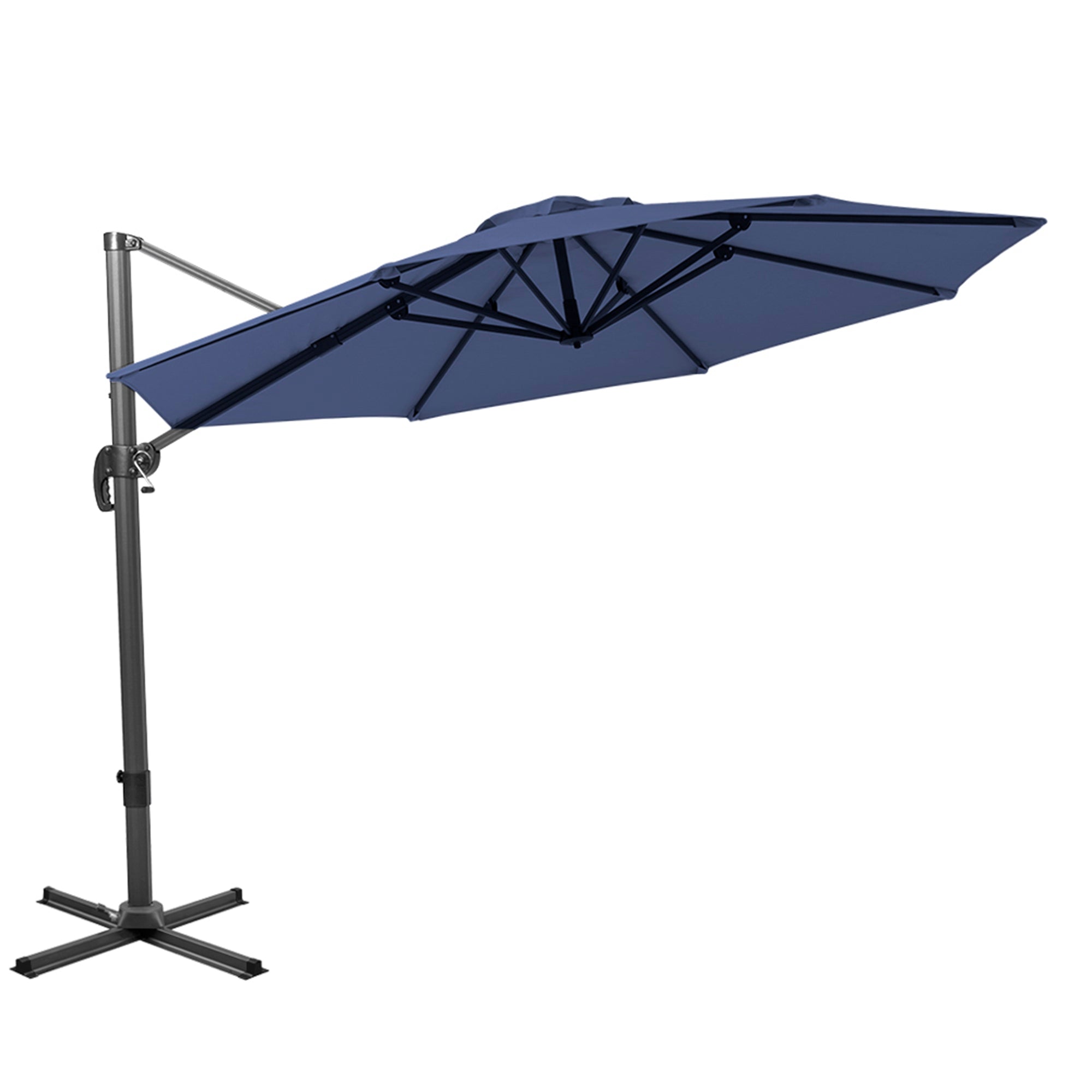 LuxxHomes  10' Navy Blue Polyester Round Tilt Cantilever Patio Umbrella With Stand