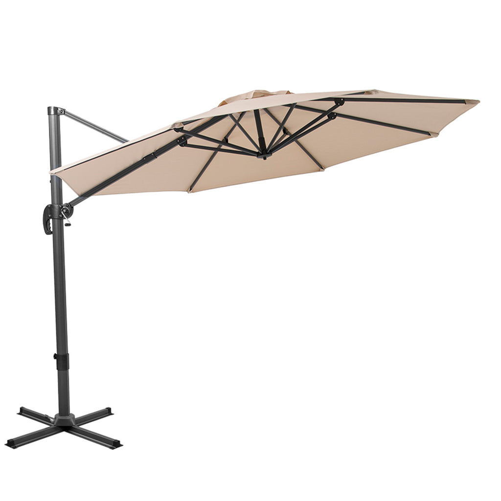 LuxxHomes  10' Tan Polyester Round Tilt Cantilever Patio Umbrella With Stand