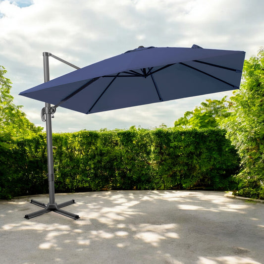 LuxxHomes  10' Navy Blue Polyester Square Tilt Cantilever Patio Umbrella With Stand