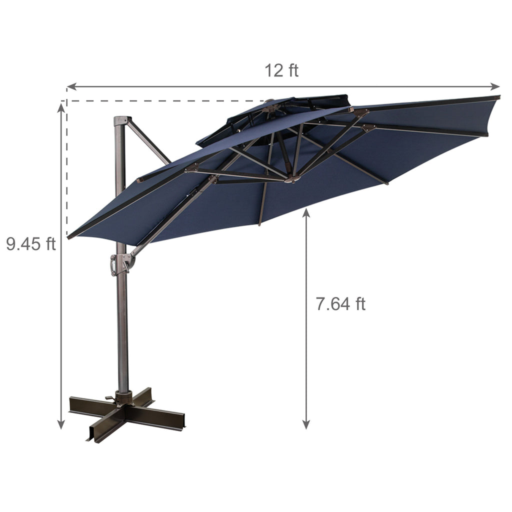 LuxxHomes  12' Navy Blue Polyester Round Tilt Cantilever Patio Umbrella With Stand