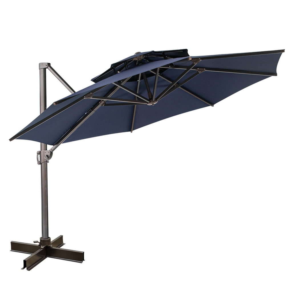 LuxxHomes  12' Navy Blue Polyester Round Tilt Cantilever Patio Umbrella With Stand