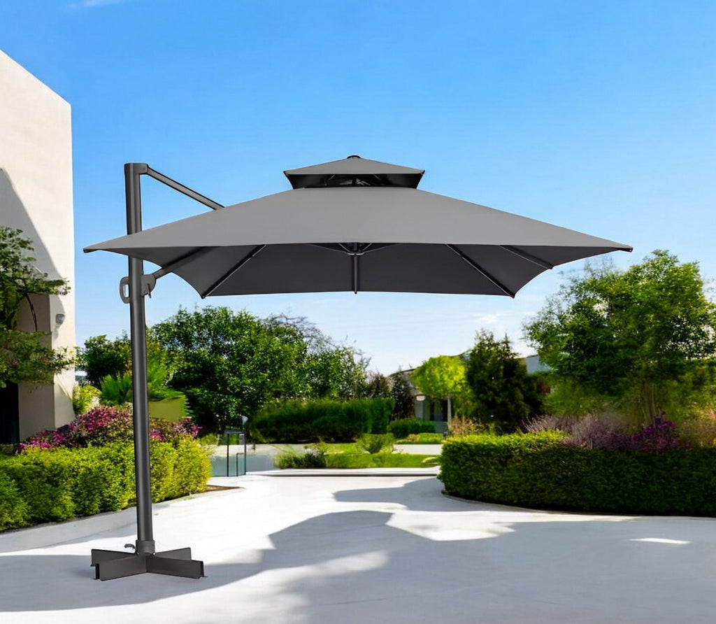 LuxxHomes  113" Dark Gray Polyester Rectangular Tilt Cantilever Patio Umbrella With Stand