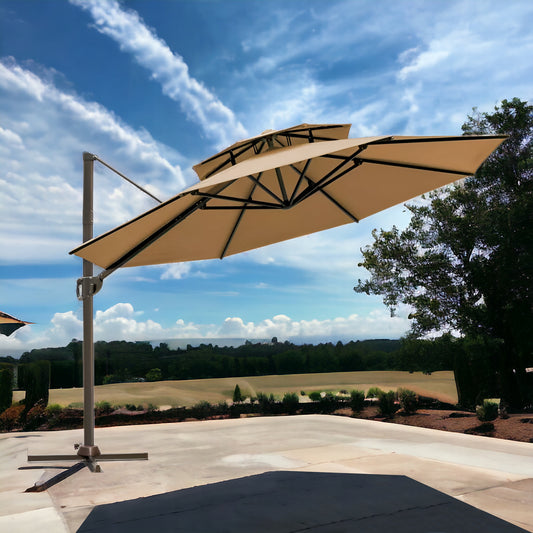 LuxxHomes  11.5' Tan Polyester Round Tilt Cantilever Patio Umbrella With Stand