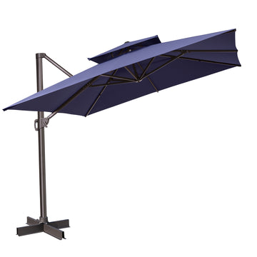 LuxxHomes  11' Navy Blue Polyester Square Tilt Cantilever Patio Umbrella With Stand