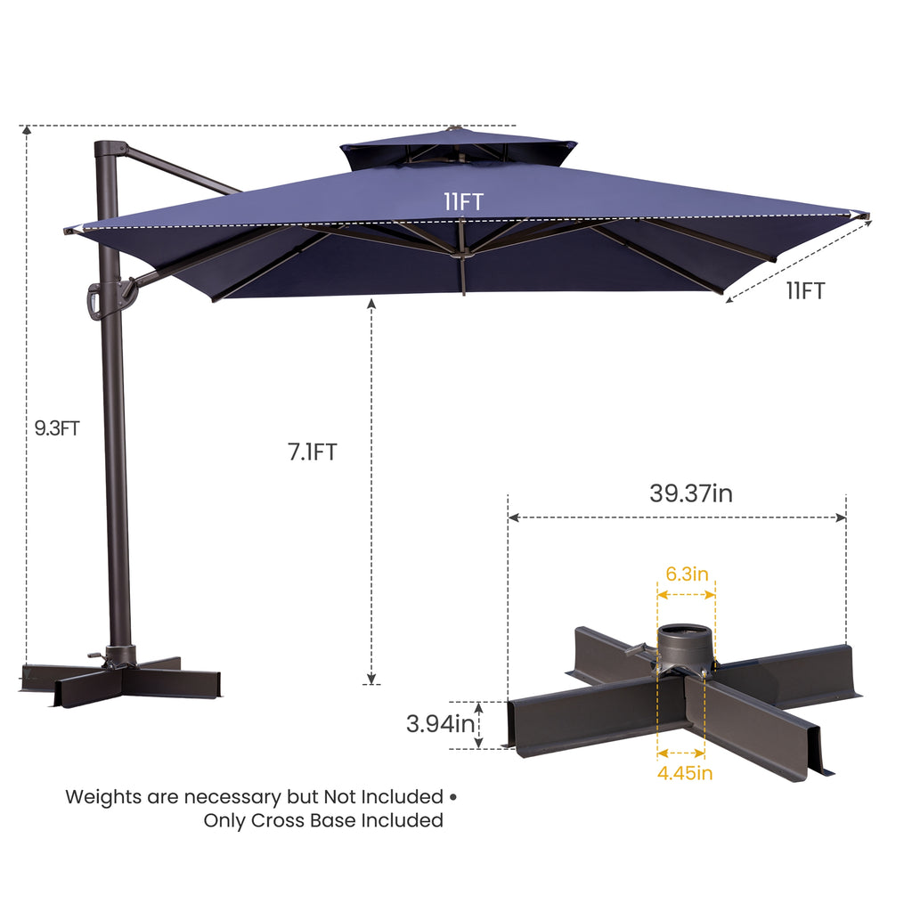 LuxxHomes  11' Navy Blue Polyester Square Tilt Cantilever Patio Umbrella With Stand