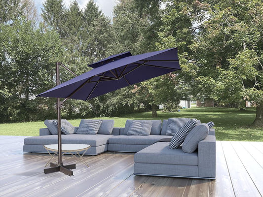 LuxxHomes  11' Navy Blue Polyester Square Tilt Cantilever Patio Umbrella With Stand