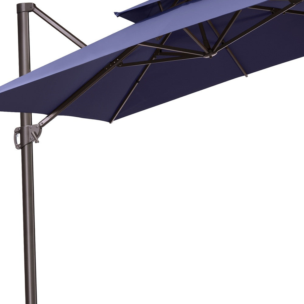 LuxxHomes  11' Navy Blue Polyester Square Tilt Cantilever Patio Umbrella With Stand