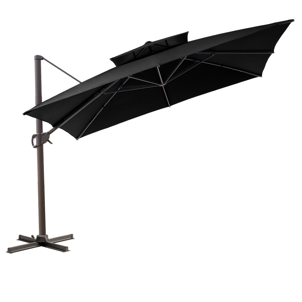 LuxxHomes  11' Black Polyester Round Tilt Cantilever Patio Umbrella With Stand