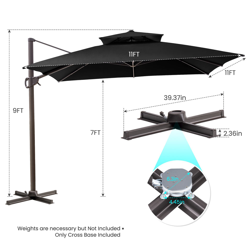 LuxxHomes  11' Black Polyester Round Tilt Cantilever Patio Umbrella With Stand